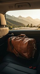 Leather Travel Bag Inside Car with Mountainous Landscape View