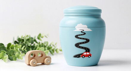 Blue urn for a boy with car design and toy car riding to the sky  