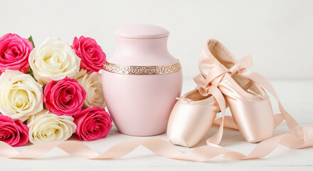 Delicate pink cremation urn with ballet pointe shoes and roses  still life