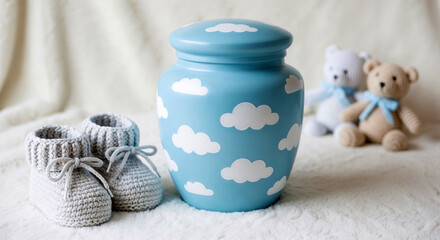 Blue cloud-patterned urn with baby booties and stuffed bears nearby  