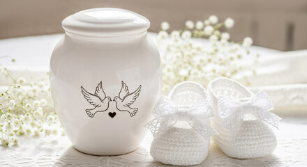 White urn with dove design beside crochet baby shoes and flowers  