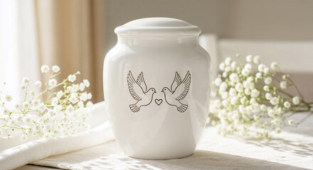 White urn with dove design on wooden table surrounded by flowers  