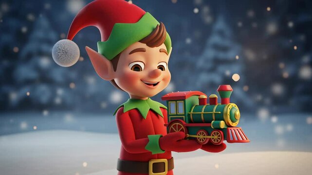 Cartoon elf holding a holiday toy train in a snowy christmas landscape, happy new year celebration footage.
