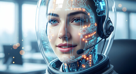 Smiling Woman in Futuristic Helmet with Digital Circuitry and Headset, Representing AI, Technology, and Customer Support