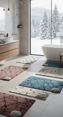 Modern bathroom with colorful rugs and snowy winter landscape view