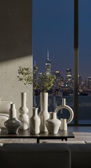 Modern Vases with Greenery Against a Nighttime Cityscape View from a Contemporary Apartment