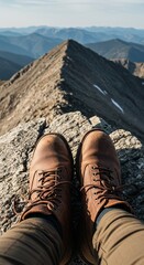 Rugged Leather Boots on Rocky Summit with Dramatic Mountain Ridge View