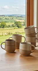 Rustic ceramic mugs on wooden table with scenic countryside view through window
