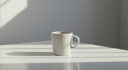 A minimalist coffee cup on a white table with soft shadows and empty space on the sides
