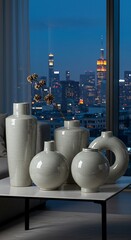 Serene Vases with City Lights at Dusk, Modern Interior Decor