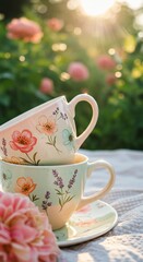 Stacked Floral Teacups in Garden Sunlight with Soft Focus Background
