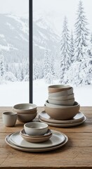 Stacked Gray and Beige Dishes Against a Snowy Mountain View