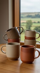 Stacked ceramic mugs with rustic design near window overlooking green fields