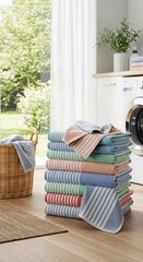 Stacked Striped Towels in Laundry Room with Basket and Natural Light