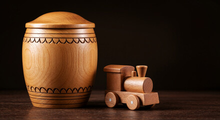 Wooden carved cremation urn for a child next to a wooden toy train  