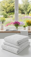 Stacked waffle weave towels with garden view from kitchen window