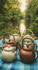 Teapots Picnic by the River: Ceramic Teapots with Floral Handles and Nature Backdrop
