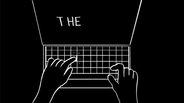 2d Animation cartoon character drawing of a hand typing &ldquo;The End&rdquo; on laptop computer keyboard high angle view on white, black and green screen in 4k ultra-high-definition.