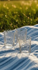 Three Textured Glasses on a Striped Blanket in Golden Sunlight