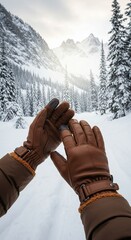 Warm Leather Gloves in Snowy Mountain Landscape with Touchscreen Tips