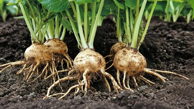 Close-up of turnips in the ground