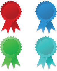 A set of four colorful rosette ribbons in red, blue, green, and cyan, each featuring a textured scalloped circle and two flowing ribbon tails