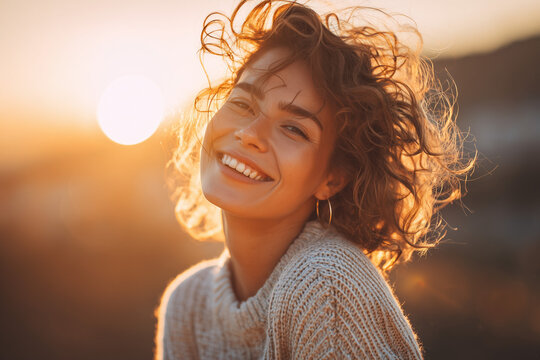 Curly Joyful Woman - Smiling at Sunset
