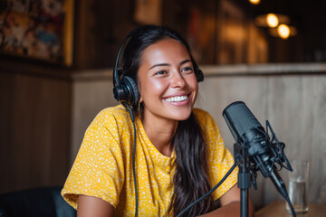 Latina Smiling Young Woman Recording an Online Podcast