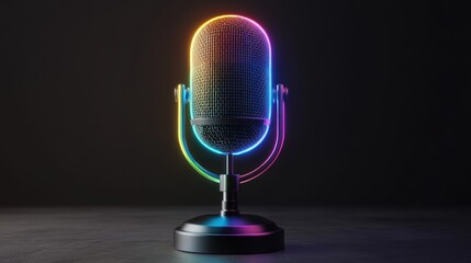 Retro microphone with vibrant rainbow neon lights against a dark background