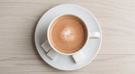 A cup of frothy coffee with sugar cubes on a white saucer, placed on wooden surface