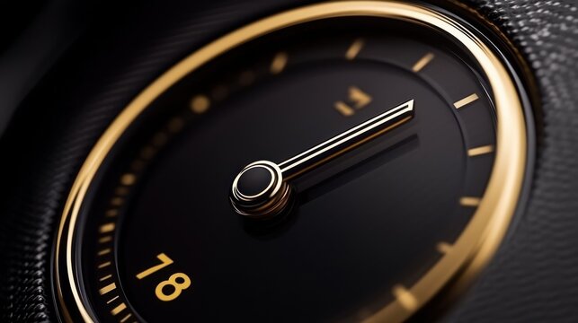 Close-up of a black dashboard gauge with a golden ring and needle