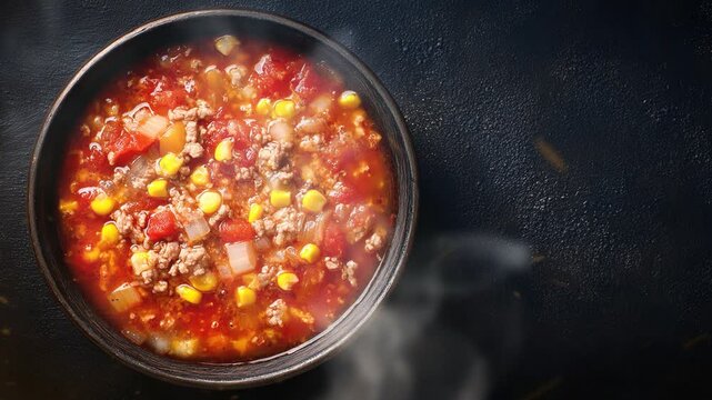 Brunswick stew in top view on dark background with smoke