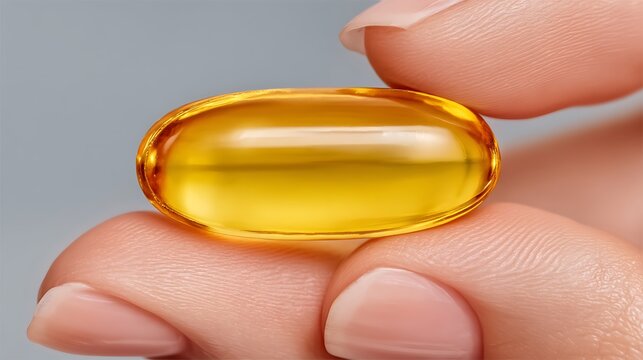 Close Up of a Hand Holding a Yellow Fish Oil Capsule