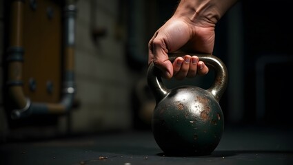 Close up of a person s hand gripping a heavy worn kettlebell in a gym
