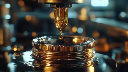 A gold colored liquid drips from a machine