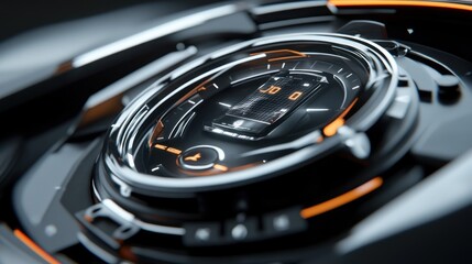 Close-up of futuristic car dashboard.  Complex circular display with orange accents.  High-tech design