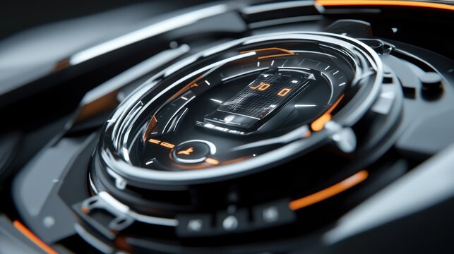 Close-up of futuristic car dashboard.  Complex circular display with orange accents.  High-tech design - Powered by Adobe