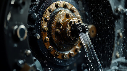 A machine with a water spout is shown in a close up