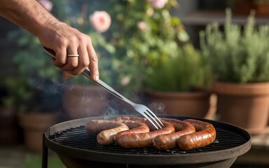 a man hand grilling sausages against a blurry garden background