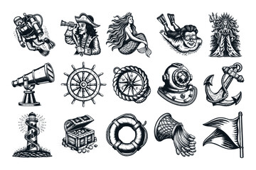Fototapeta premium A set of 15 hand-drawn vintage pirate & nautical icons—diver, pirate, mermaid, spyglass, ship’s wheel, compass, anchor, lighthouse, treasure chest & more. Great for sea-themed designs.