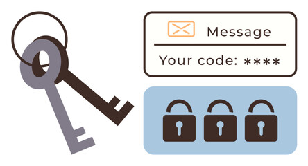 Keys and code in message emphasize secure access, locked padlocks signify encryption, privacy, and data protection. Ideal for cybersecurity, authentication, passwords, privacy, online safety