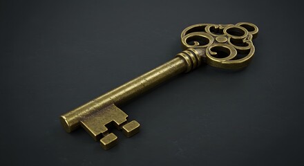 Antique Brass Skeleton Key Representing Access Opportunity and Old Treasures on Dark Textured Background