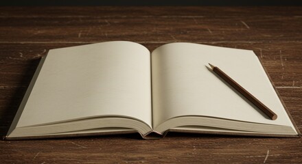 An open notebook with a pencil on a wooden desk, placed off-center with copy space