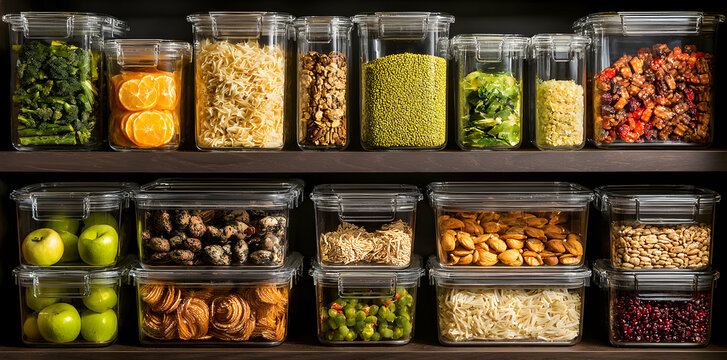Assorted Colorful Food Displayed In Transparent Glass Jars On Wooden Shelves
