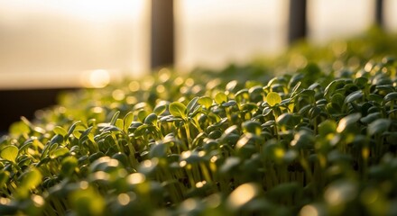 Fototapeta premium Golden Hour Sunlight Illuminates Lush Microgreens in a Dense, Green Field