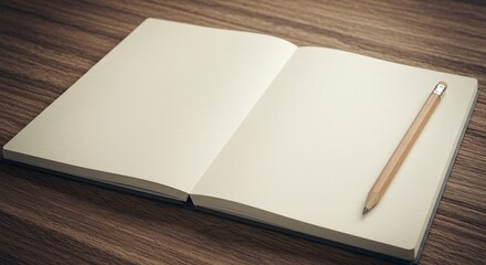 An open notebook with a pencil on a wooden desk, placed off-center with copy space