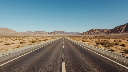 Naklejka premium A long asphalt road stretches through a desert landscape towards distant mountains under a clear blue sky.