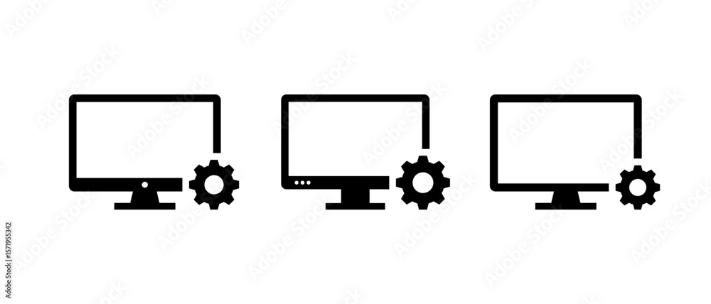 Poster desktop computer with settings gear. pc system control and technical setup illustration