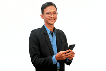 A business Asian man holding a cellphone with a happy expression