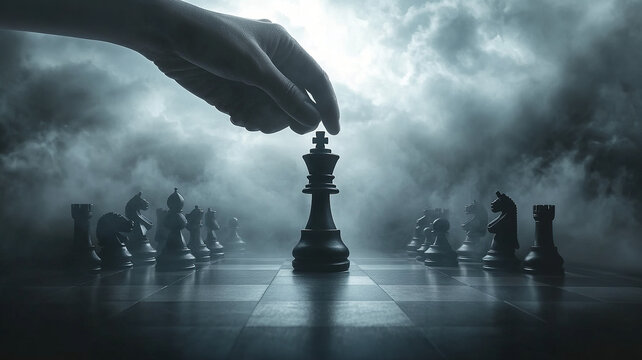 Strategic hand moving king chess piece in dark mysterious setting, World Chess Day